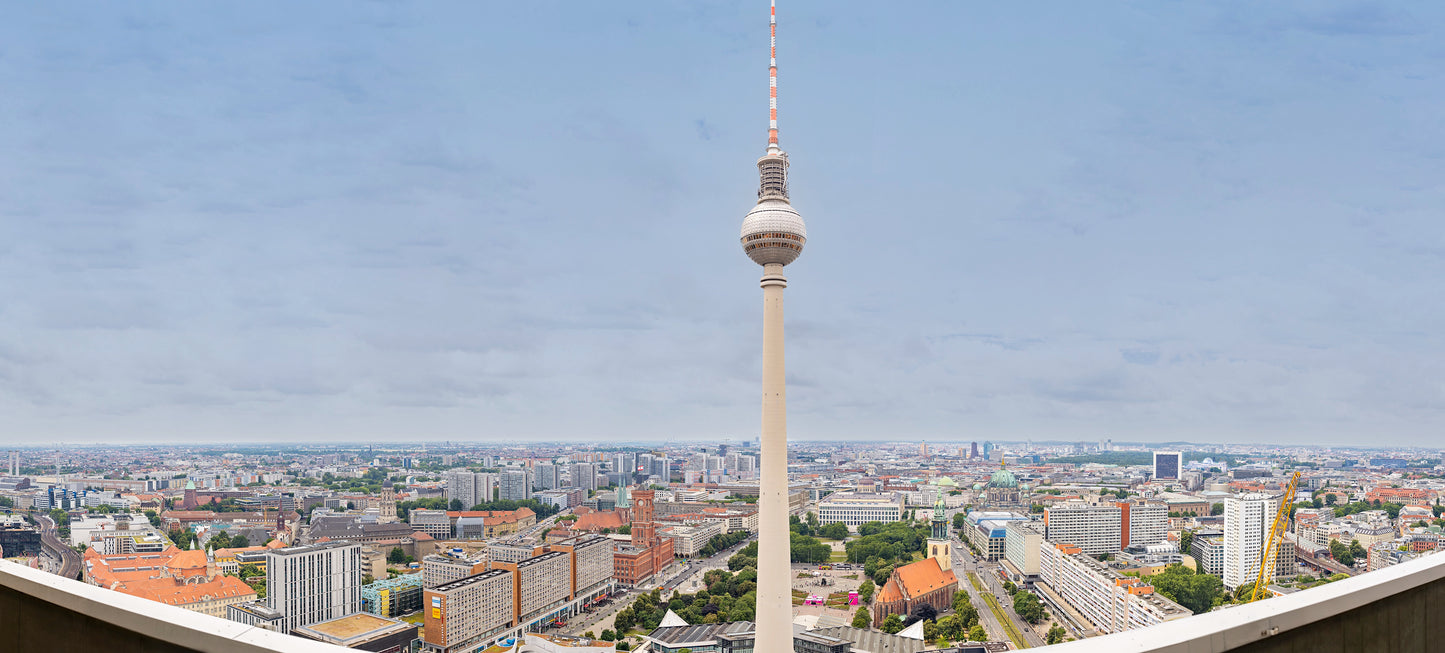 This stunning panoramic view captures the heart of Berlin, with the iconic Fernsehturm (TV Tower) rising proudly against the city skyline. Actual format de the artwork.