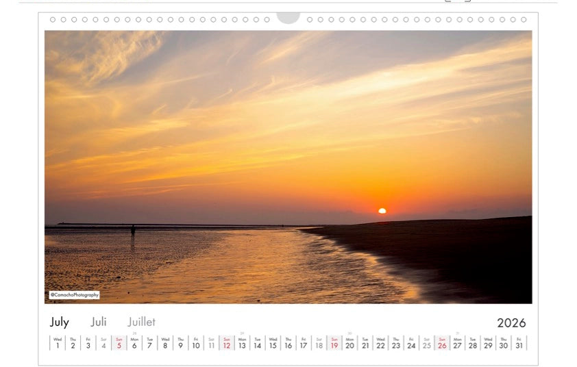 Calendar, 2026, Landscape, Spain, Isla Canela, beach, sunset