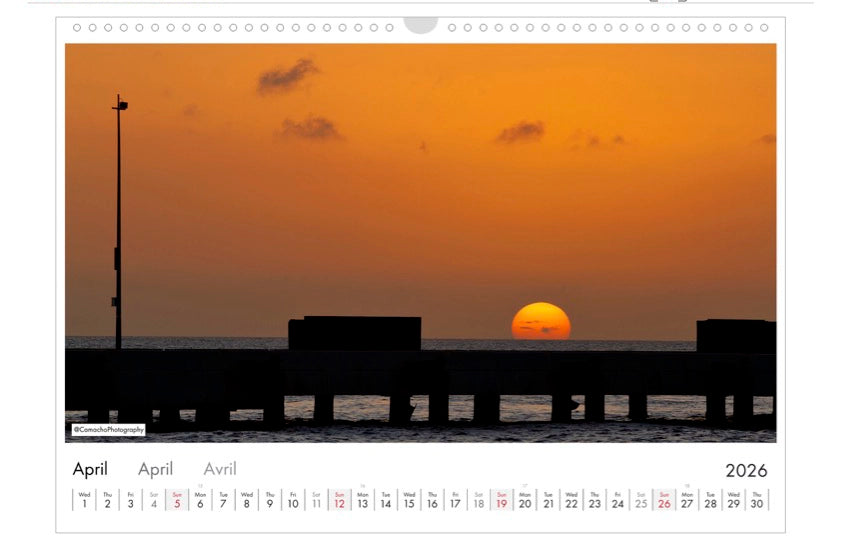Calendar, 2026, Landscape, Curacao, pier, sunset, orange, sun