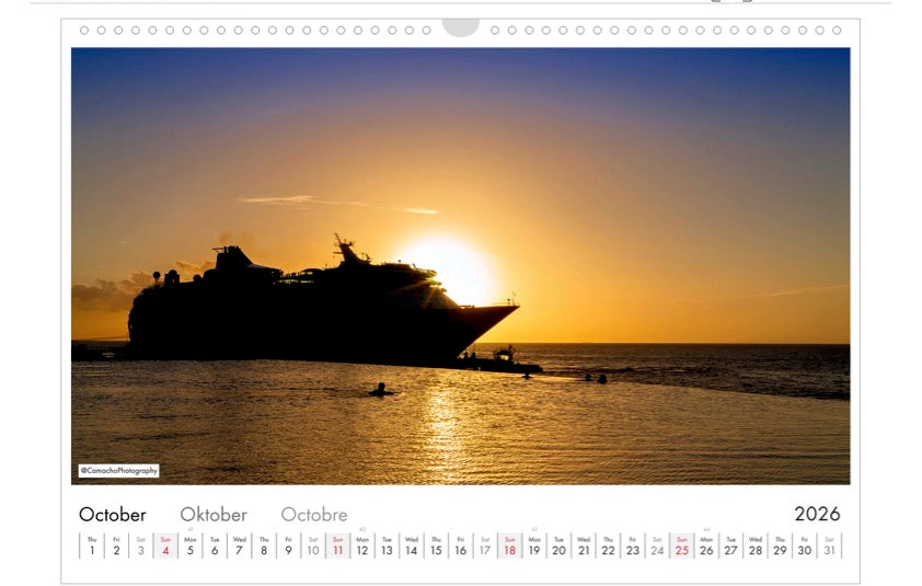 Calendar, 2026, landscape, Curacao, beach, ship, cruise, sunset