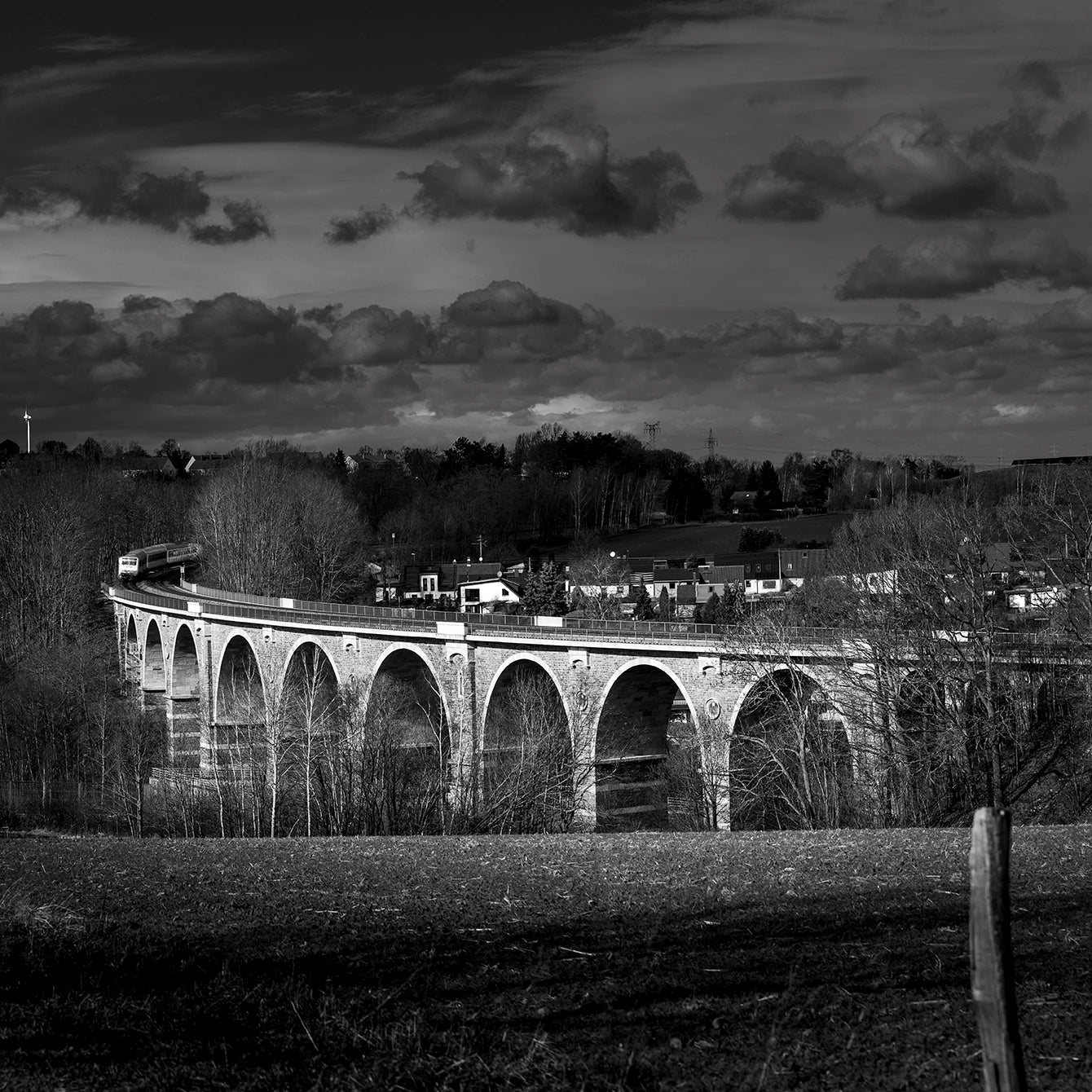Black and white photograph of a stone arch bridge over water with trees and buildings in the background.