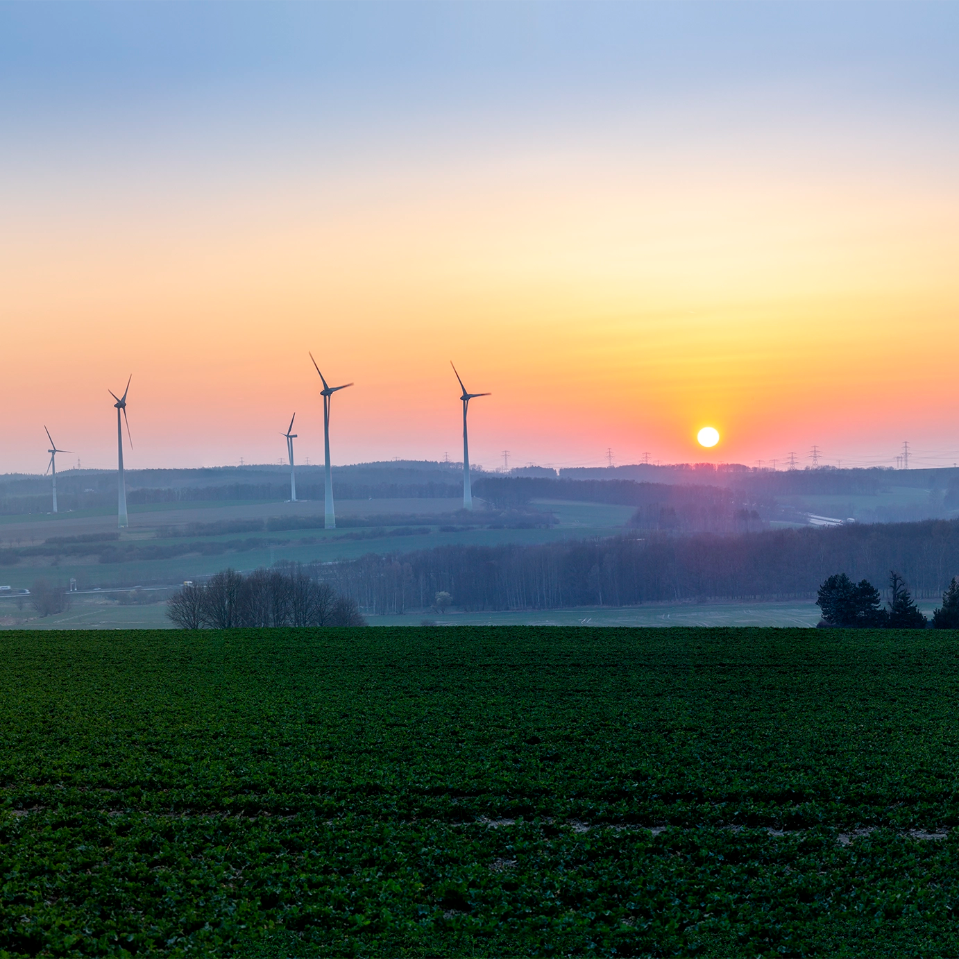 Cold, Winter, Sunset, Field, Panorama, wind, turbines, sun, fog, eolian, clean, energy