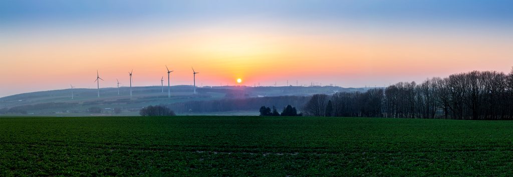 Cold, Winter, Sunset, Field, Panorama, wind, turbines, sun, fog, eolian, clean, energy
