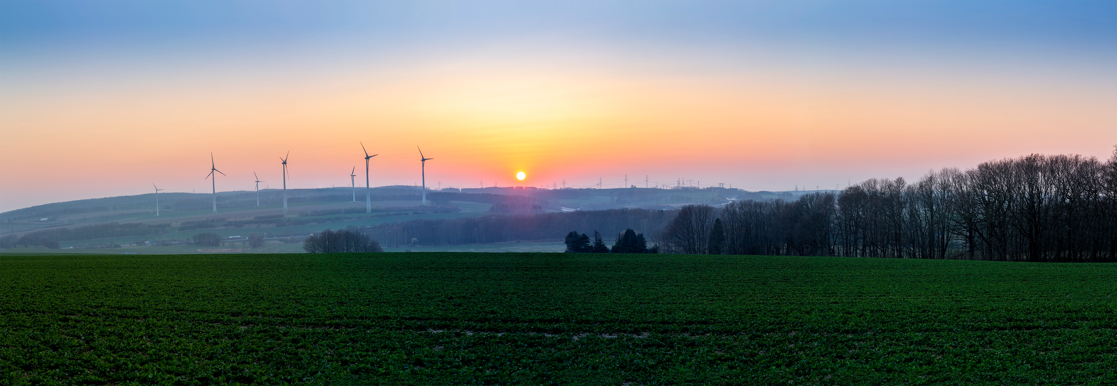 Cold, Winter, Sunset, Field, Panorama, wind, turbines, sun, fog, eolian, clean, energy