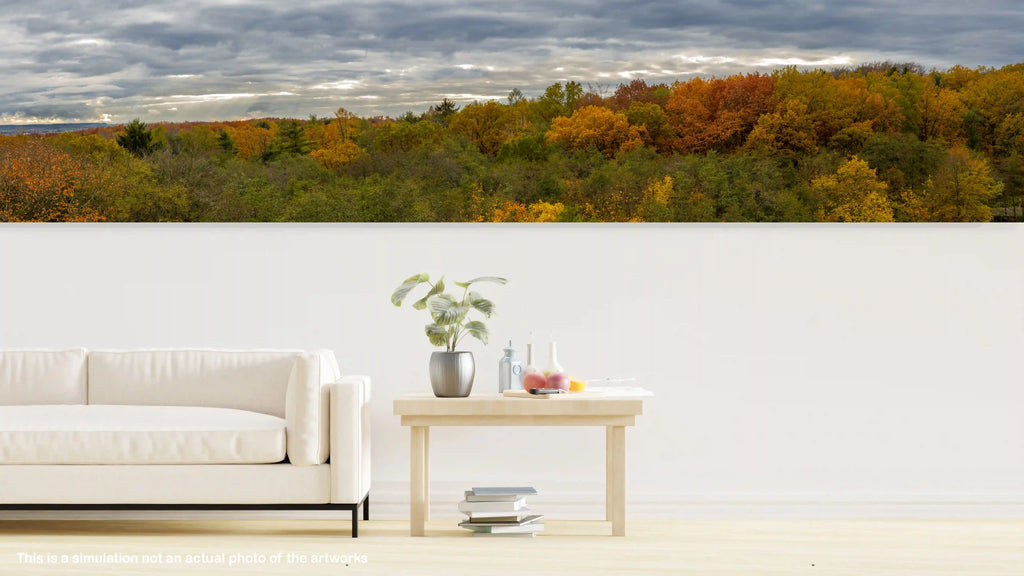 Modern living room with a white sofa and a small table with decor items, featuring a scenic view of trees and mountains.