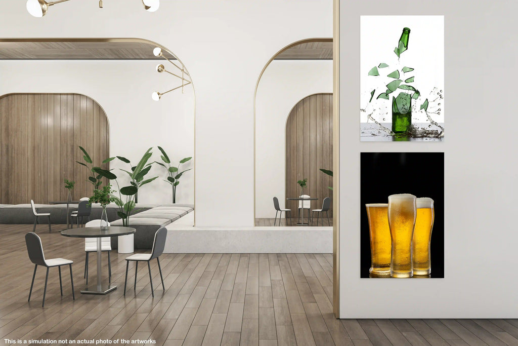 Modern interior design with a mirror reflecting a dining area and a close-up of beer glasses.
