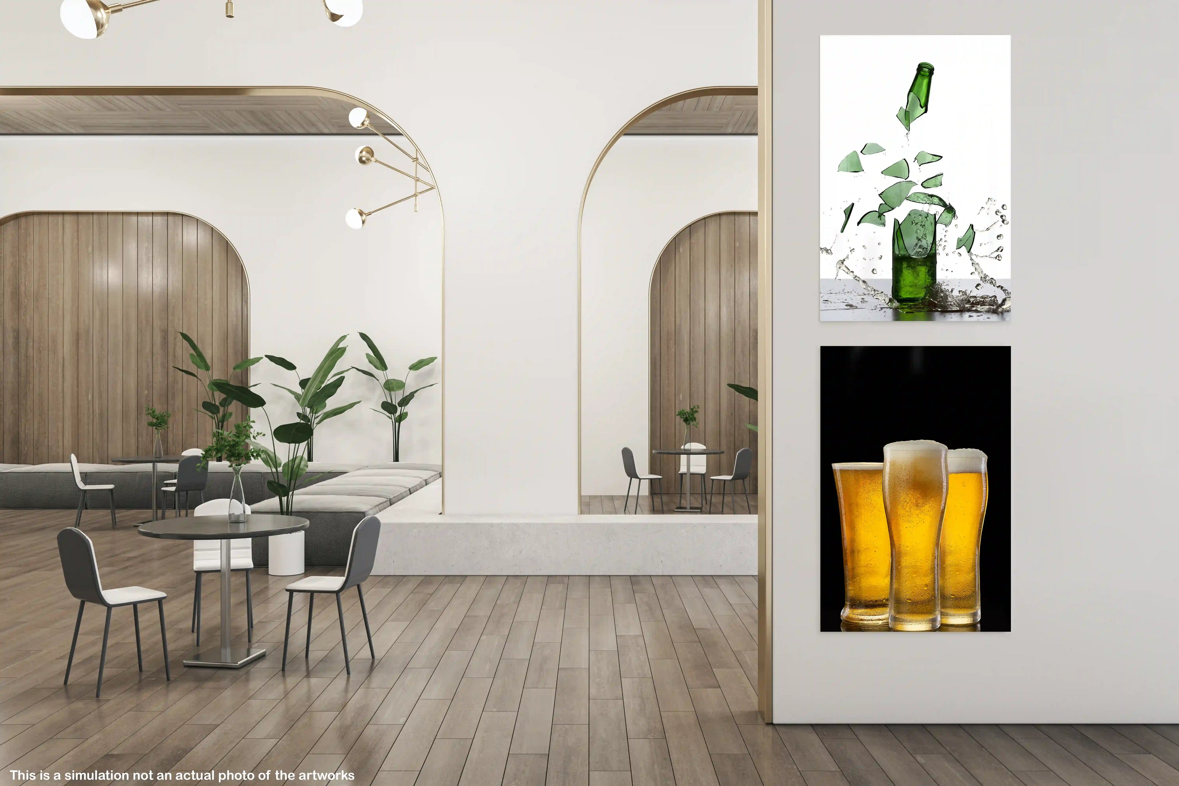 Modern interior design with a mirror reflecting a dining area and a close-up of beer glasses.