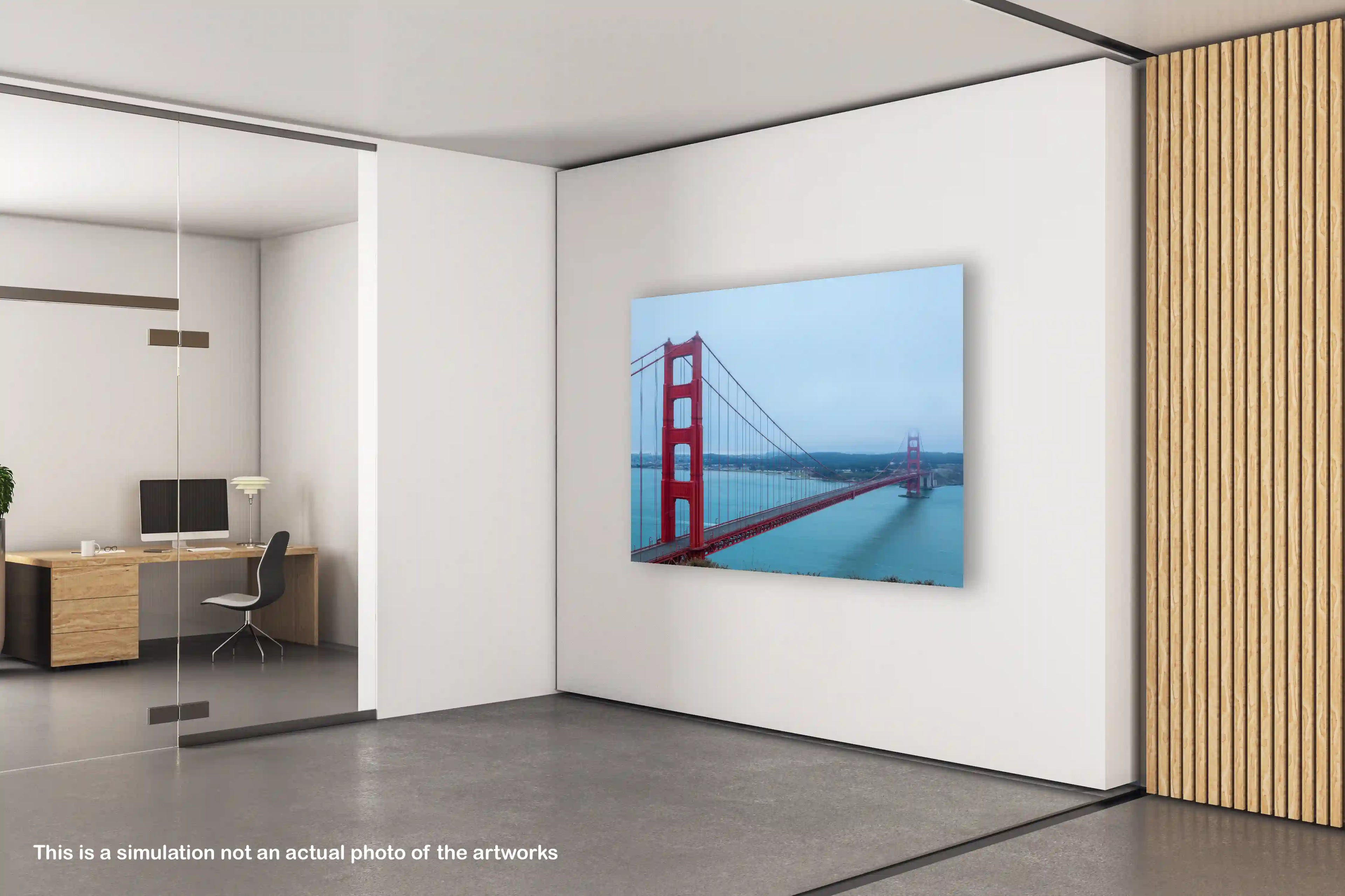 Modern office interior with a large TV screen displaying the Golden Gate Bridge.