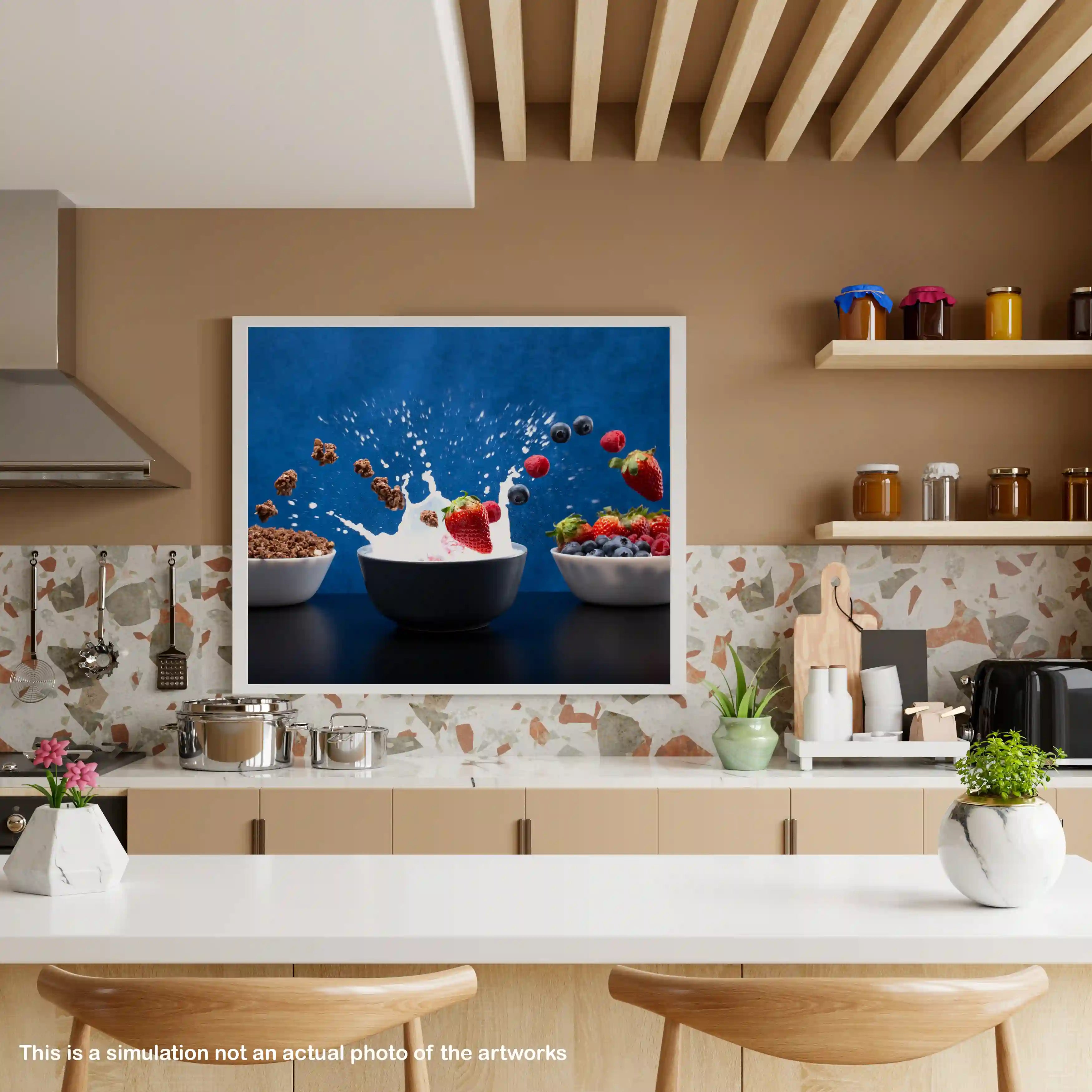 Modern kitchen with a TV displaying a fruit and milk splash scene, surrounded by kitchen appliances and decor.
