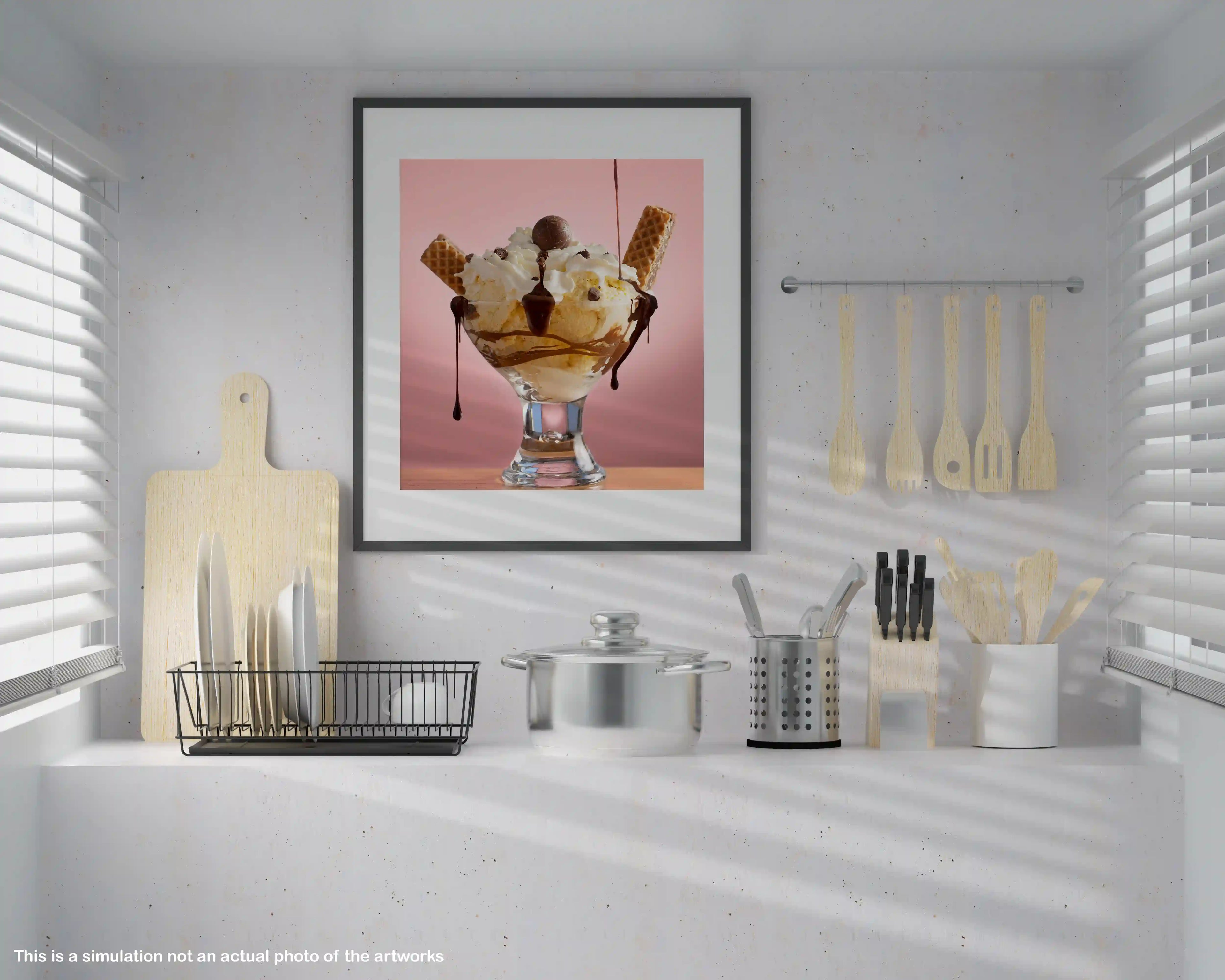 Kitchen counter with utensils, a cutting board, and a framed picture of an ice cream sundae.