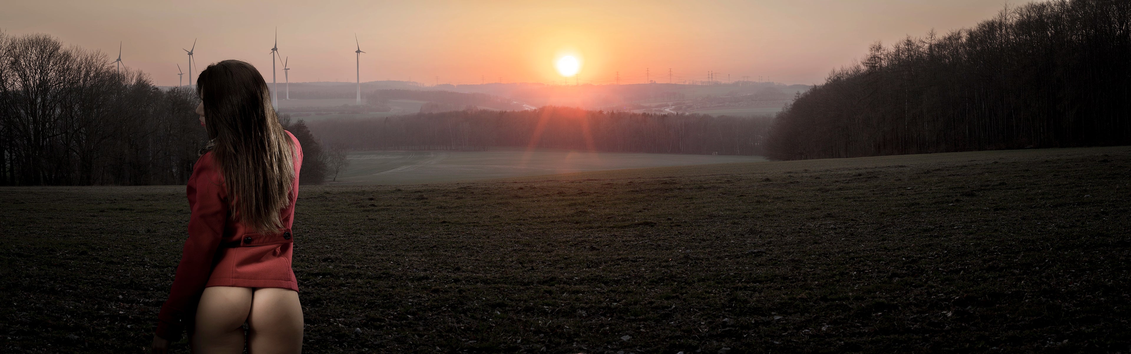 Model, Field, Pano, sunset, sun, sexy, sky
