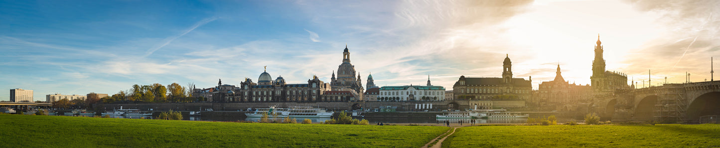 The grandeur of Dresden with this panoramic masterpiece that captures the city’s skyline bathed in the golden light of the setting sun. Actual format of the artwork.