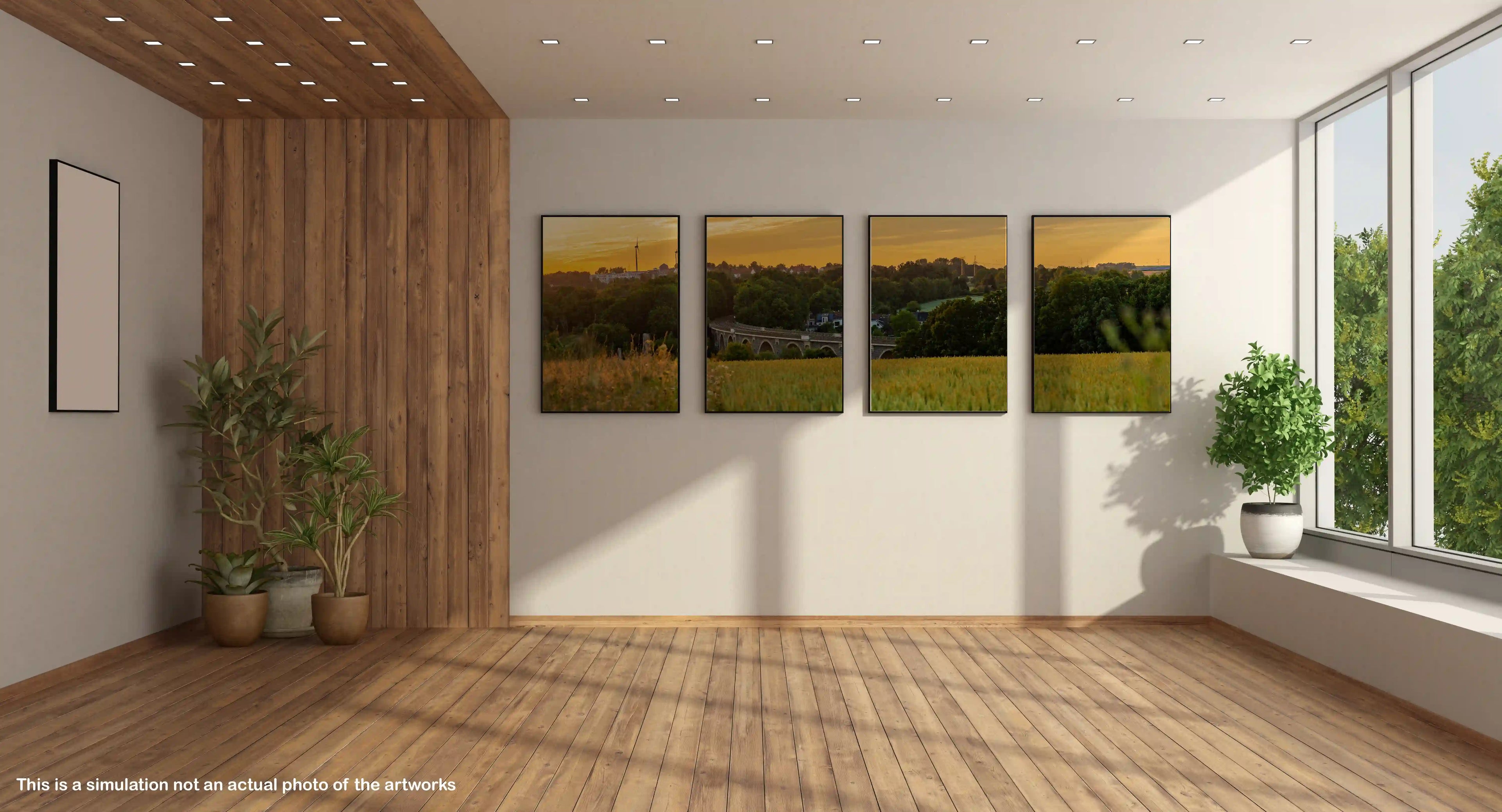 Modern interior with wall art depicting a landscape, plants, and large windows.