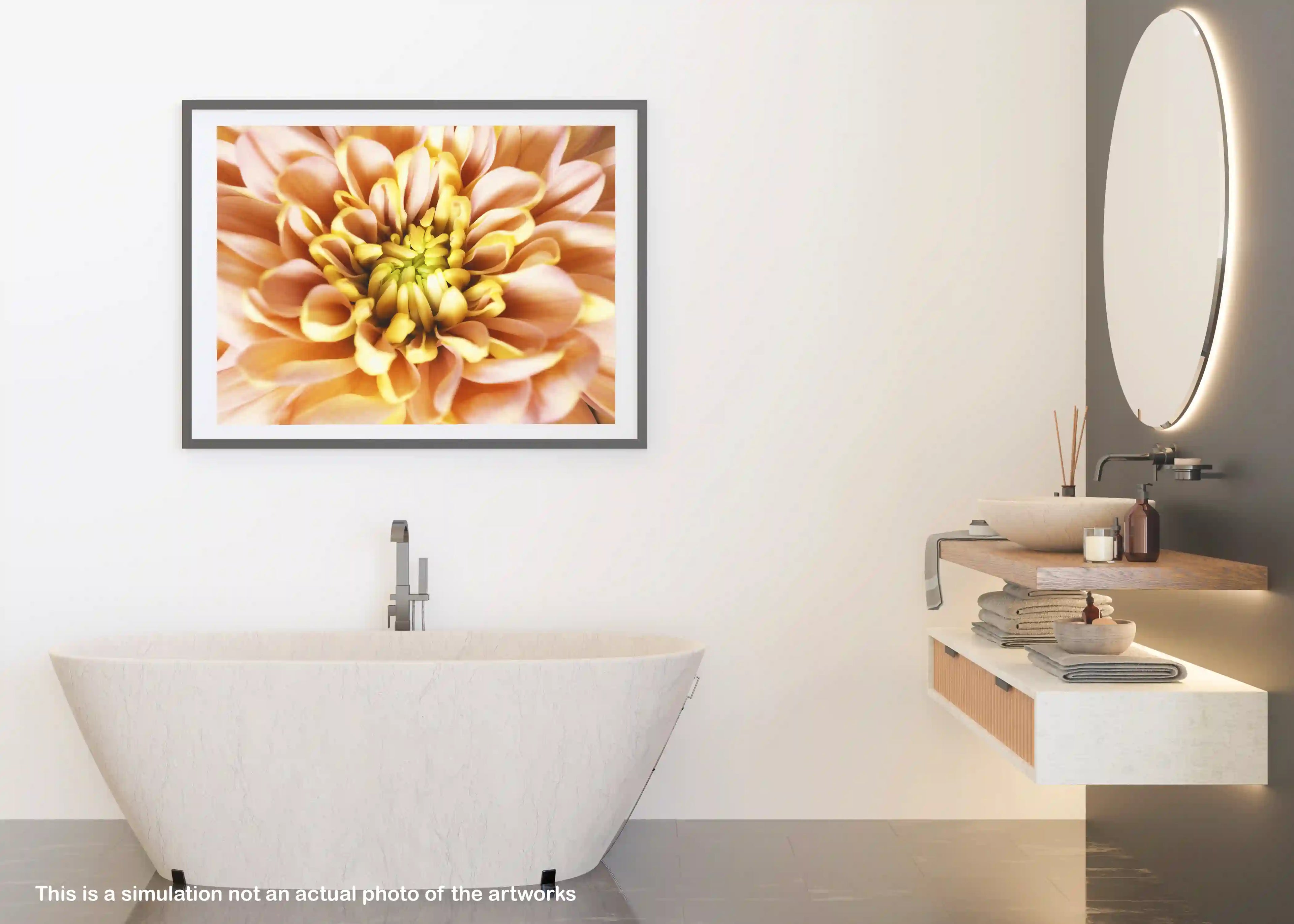Modern bathroom interior with a framed floral artwork on the wall.