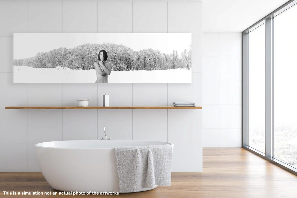 Sexy, woman, panoramic, photo, winter, snow, forest