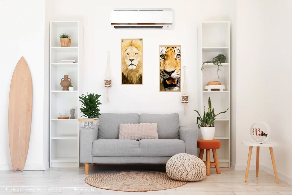  Extreme-up portrait of a majestic tiger with striking orange and black stripes.  Actual format of the artwork.